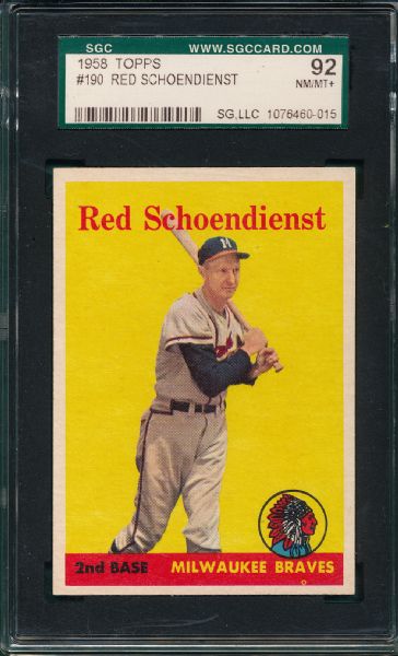 1958 Topps #190 Red Schoendienst SGC 92
