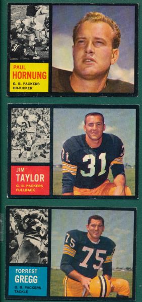 1962 Topps FB Lot of (3) Packers W/ Horning, Taylor & Gregg