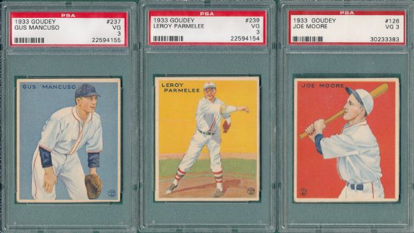 1933 Goudey #126, #237 and #239, PSA 3, Lot of (3) Giants
