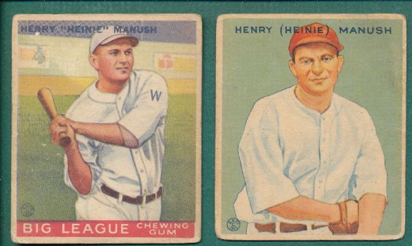 1933 Goudey #47 & 107 Heinie Manush (2) Card Lot