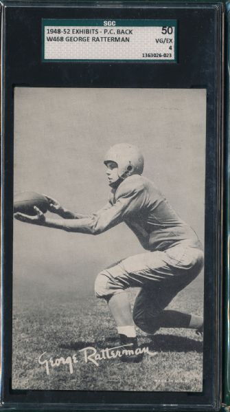 1948-52 Exhibit Football Mutoscope Postcard Back George Ratterman SGC 50