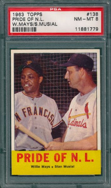 1963 Topps #138 Pride of NL W/ Mays & Musial PSA 8