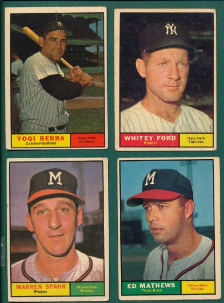 1961 Topps Berra, Ford, Spahn & Mathew Lot of (4) Hall of Famers