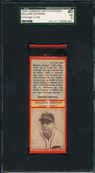 1936 Diamond Matchbooks Billy Herman SGC 40