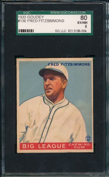 1933 Goudey #130 Fred Fitzsimmons SGC 80