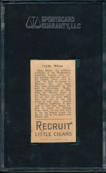 1912 T207 Clyde Milan Recruit Little Cigars SGC 35