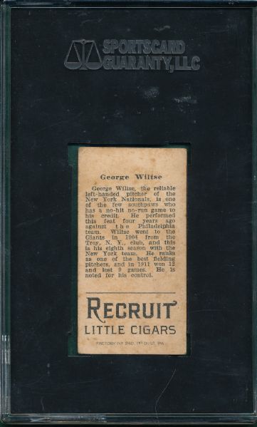 1912 T207 George Wiltse Recruit Little Cigars SGC 40