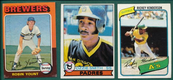 1975-80 Topps Rookies, Yount, Ozzie Smith & Henderson, (3) Card Lot