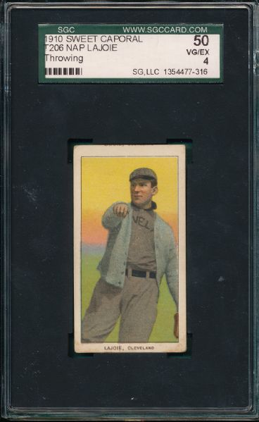 1909-1911 T206 Lajoie, Throwing, Sweet Caporal Cigarettes SGC 50 *Factory 25* *Double Name*