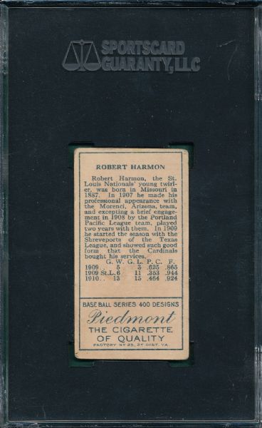1911 T205 Harmon, Both Ear, Piedmont Cigarettes SGC 45