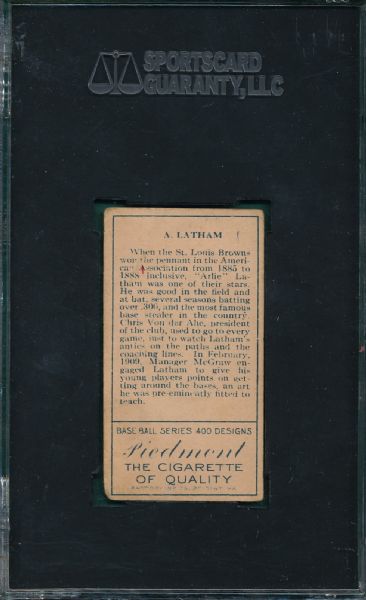 1911 T205 Latham, A. Latham on Back, Piedmont Cigarettes SGC 40