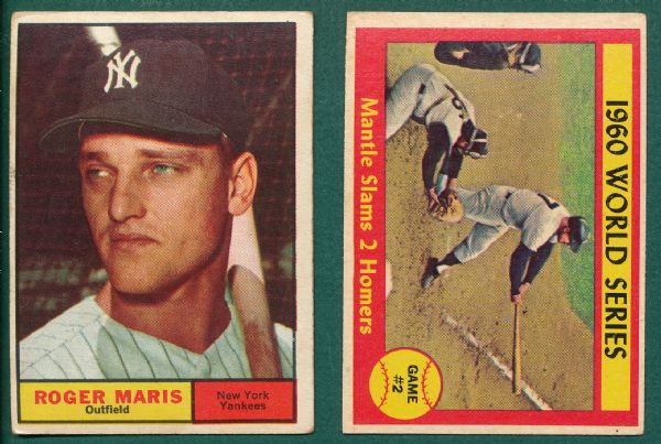 1961 Topps #2 Maris & #307 WS #2 W/ Mantle, Yankees Lot of (2)