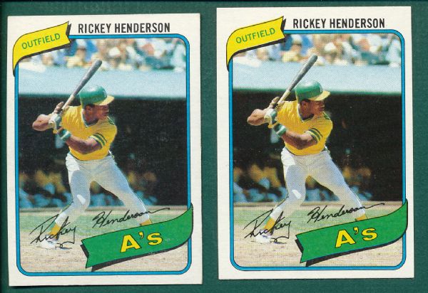 1980 Topps #482 Rickey Henderson, Rookie, (2) Card Lot