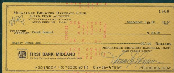 1980 Brewers Payroll Check to Frank Howard *Autograph*