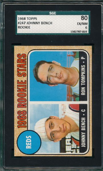 1968 Topps #247 Johnny Bench, Rookie, SGC 80