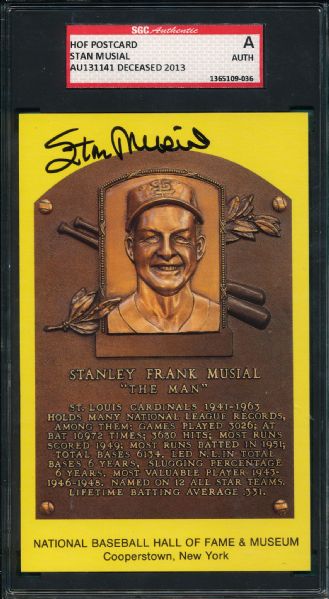 Stan Musial Signed HOF Postcard SGC Authentic