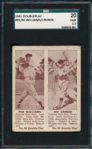 1941 Double Play #81/82 Ted Williams/Cronin SGC 20
