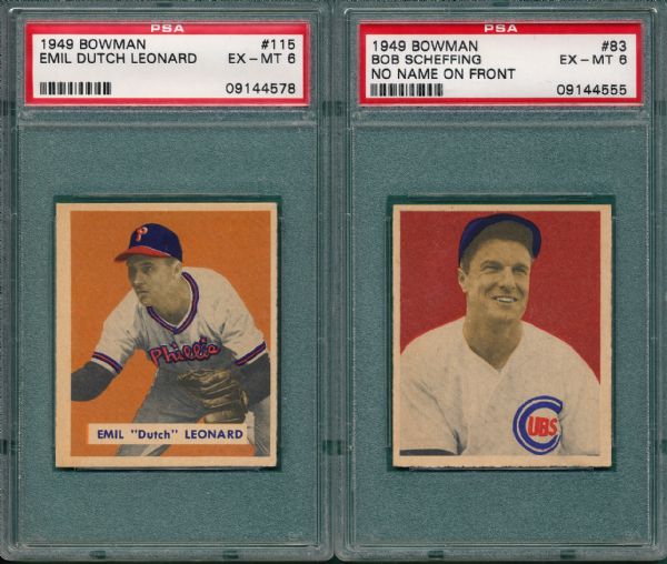 1949 Bowman #83 Scheffing & #115 Leonard (2) Card Lot PSA 6 
