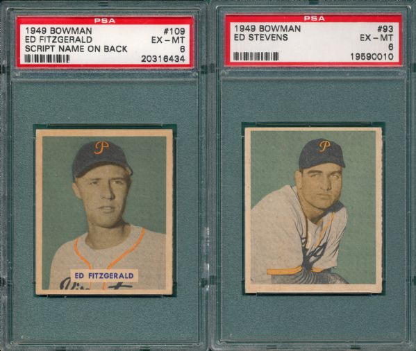 1949 Bowman #109 Fitzgerald & #93 Stevens (2) Card Lot PSA 6 