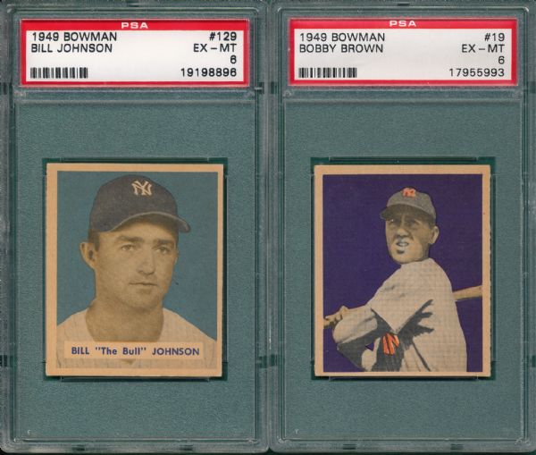 1949 Bowman #129 Johnson & #19 Brown (2) Card Lot PSA 6 