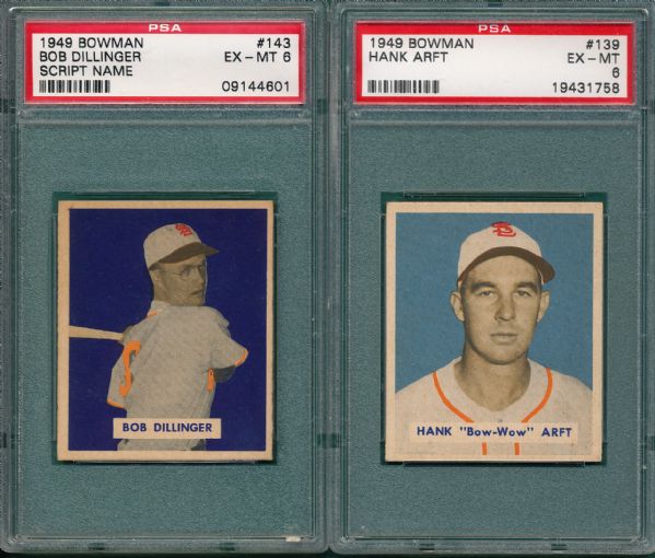 1949 Bowman #139 Arft & #143 Dillinger (2) Card Lot PSA 6 