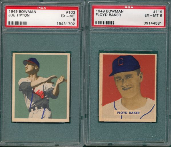 1949 Bowman #103 Tipton & #119 Baker (2) Card Lot PSA 6 