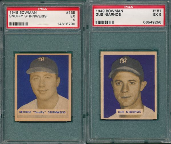 1949 Bowman #165 Stirnweiss & #181 Niarhos (2) Card Lot PSA 5 *Hi #*