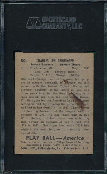 1939 Play Ball #50 Charlie Gehringer SGC 30 *Presents Much Better*