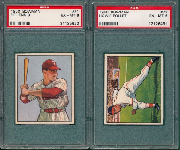 1950 Bowman #31 Del Ennis & #72 Howie Pollet (2) Card Lot PSA 6 *Short Print*