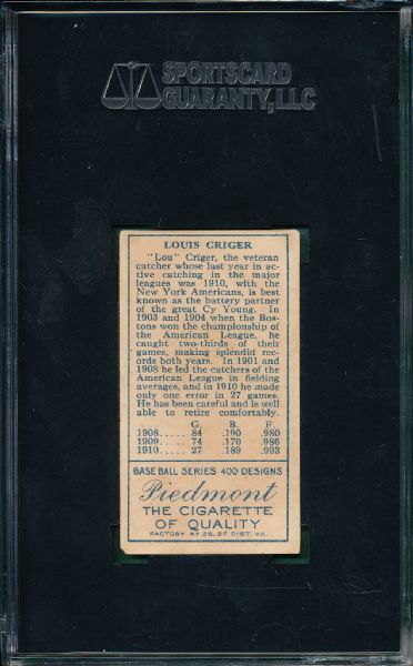 1911 T205 Criger Piedmont Cigarettes SGC 40 