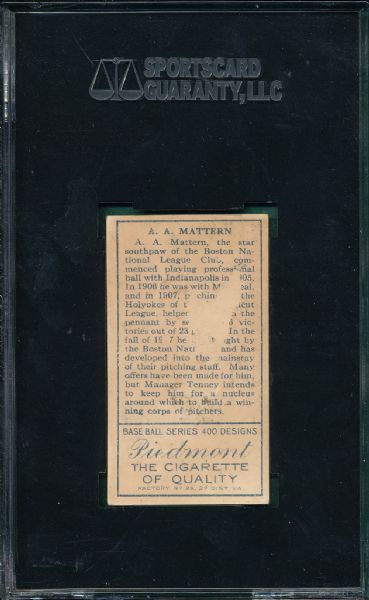 1911 T205 Mattern Piedmont Cigarettes SGC 10