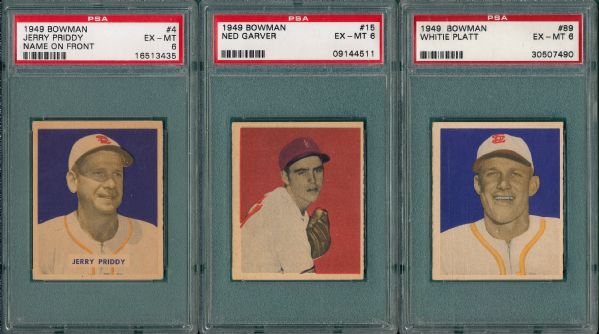 1949 Bowman #4 (Name On Front), #15 & #89 (3) Card Lot PSA 6  
