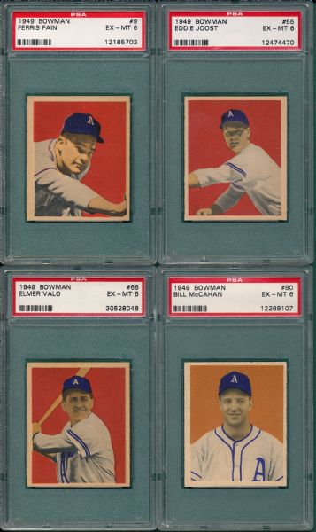 1949 Bowman Philadelphia Athletics (4) Card Lot W/ #9 Fain PSA 6  