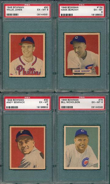1949 Bowman Philadelphia Phillies (4) Card Lot W/ #30 Seminick PSA 6  