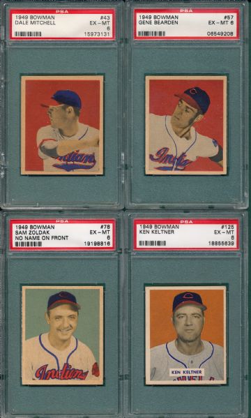 1949 Bowman Cleveland Indians (4) Card Lot W/ #43 Mitchell PSA 6  