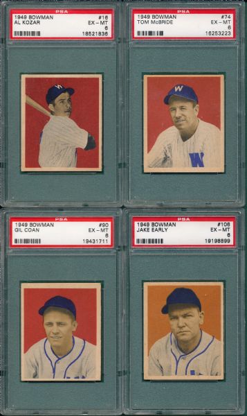 1949 Bowman Washington Senators (4) Card Lot W/ #16 Kozar PSA 6  