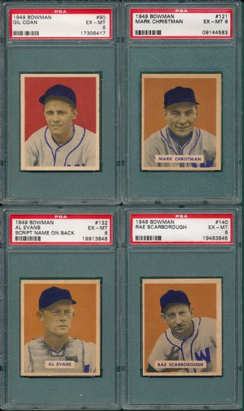 1949 Bowman Washington Senators (4) Card Lot W/ #90 Coan PSA 6  