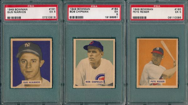 1949 Bowman #181 Niarhos, #184 Chipman & #185 Reiser (3) Card Lot, PSA 5 *Hi #*