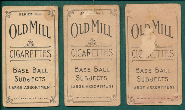 1910 T210 (3) Card Lot, Old Mill Cigarettes 