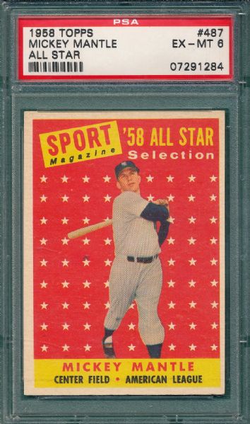 1958 Topps #487 Mickey Mantle, AS, PSA 6