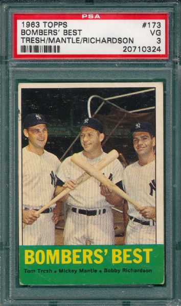 1963 Topps #2 AL Batting Leaders & #173 Bombers Best, W/Mickey Mantle (2) Card Lot PSA 
