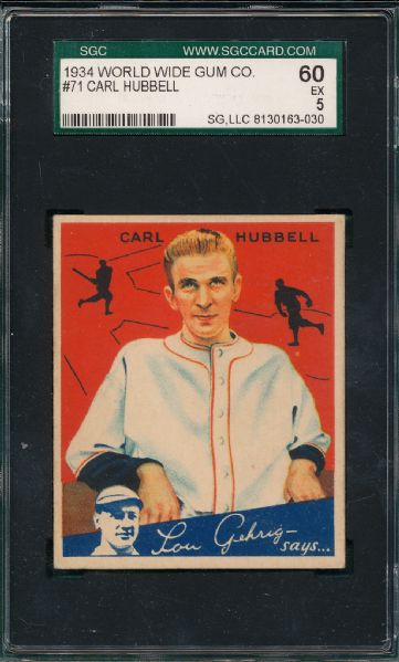 1934 World Wide Gum #71 Carl Hubbell SGC 60