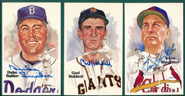 Lot of (3) Perez Steele Postcards signed by Hall of Famers Snider, Slaughter & Hubbel