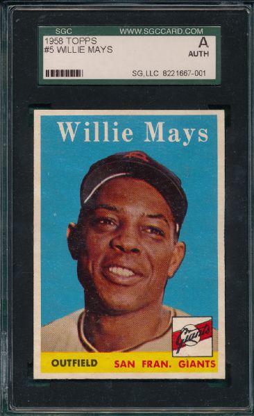 1958 Topps #5 Willie Mays SGC Authentic *NRMT Appearance*