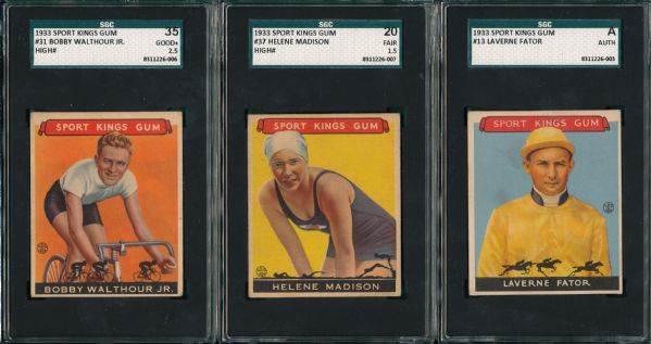 1933 Sports Kings #13, Fator, #31 Walthour & #37 Madison (3) Card Lot SGC 