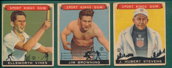 1933 Sports Kings #41, Browning, #46 Vines & #47 Stevens, (3) Card Lot *SP* 