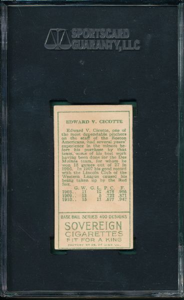 1911 T205 Cicotte Sovereign Cigarettes SGC 50
