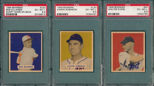 1949 Bowman #143 (Script), #42 and #133, (3) Card Lot PSA 6.5 
