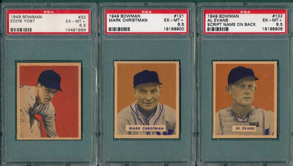 1949 Bowman #32, #121 and #132 (Script), (3) Card Lot PSA 6.5 