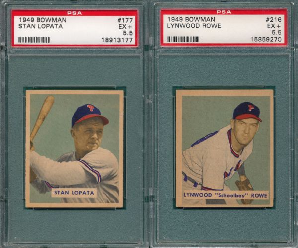 1949 Bowman #177 Lopata & #216 Rowe (2) Card Lot PSA 5.5 *Hi #*